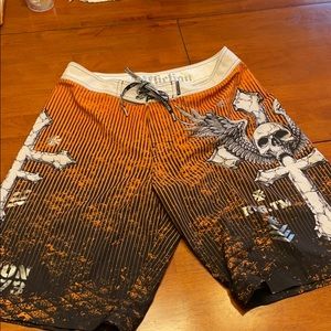 Men’s Affliction Orange & Black swim trunks